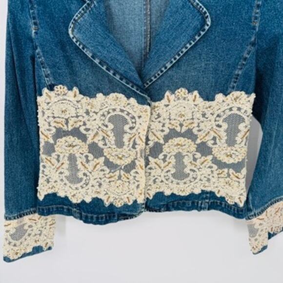 Vintage Berek 2 Takako Sakon Jean Jacket Womens Small Blue Lace Bead Trim Cotton - Picture 3 of 11